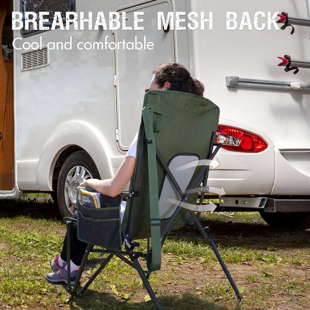 PORTAL Oversized Folding High Back Portable Lawn Chairs for Adults Outdoor Camp Sports Hunting Fishing Backyard with Hard Armrest Cup Holder Carrying Strap, Supports 400LBS, Green