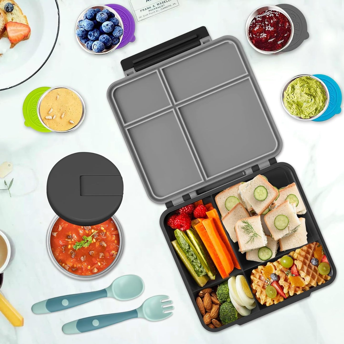 Kids Bento Lunch Box with 8oz Soup Thermo, Kids Leakproof Lunch Food Containers with 4 Compartment,Insulated Hot Food Jar with Lunch Bag for School, Travel (Black)
