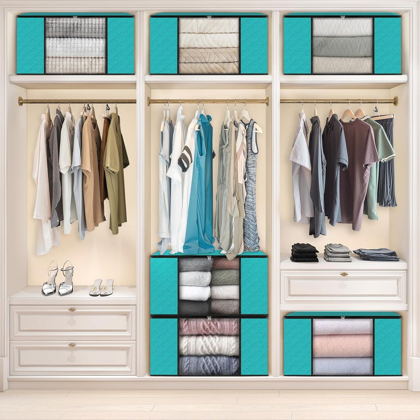 Fab totes 6 Pack Clothes Storage, Foldable Thick Fabric Blanket Storage Bags, Containers for Organizing Bedroom, Closet, Clothing, Comforter,Closet Organization with Handle,Green