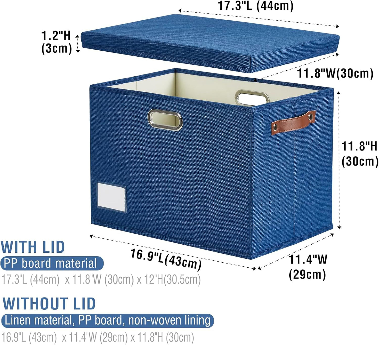 17" Large Collapsible Storage Bins with Lids, Stackable Closet Organizers with PU Handle and Labels, 3-Pack Decorative Fabric Storage Boxes for Home, Bedroom, Closet, Office, Nursery(Navy)