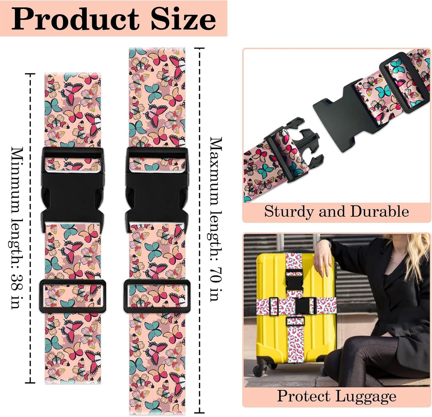 Butterfly Luggage Straps for Suitcases TSA Approved, Luggage Identifiers for Suitcase, Adjustable Suitcase Strap for Baggage Security with Cute Patten, Travel Necessary Accessories (2Pack)