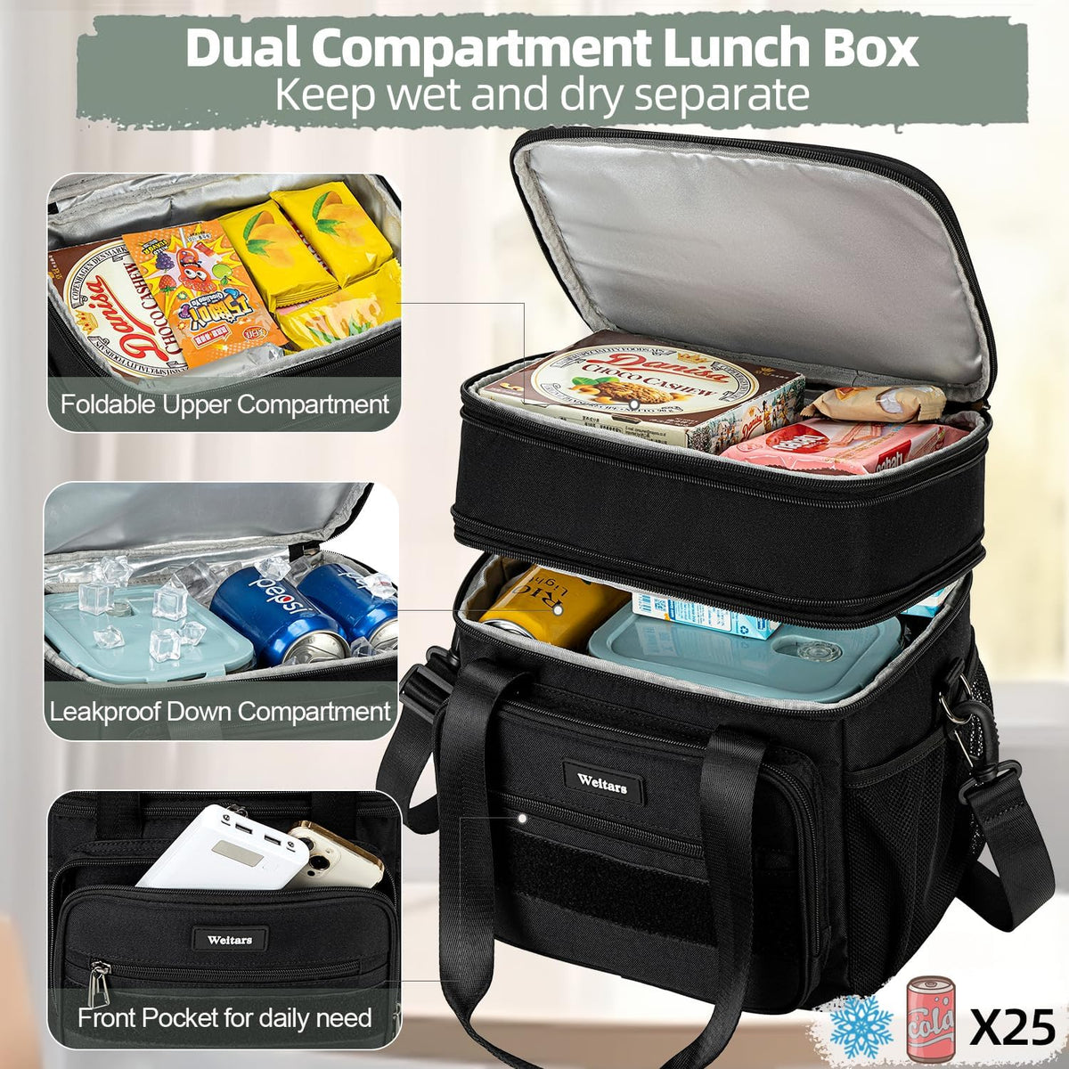 Weitars Lunch Box for Men Women Dual Compartment Lunch Box Heavy Duty Large Insulated Tactical Lunch Bag Durable Cooler Bag With Shoulder Strap for Adults Work Picnic Road Trip