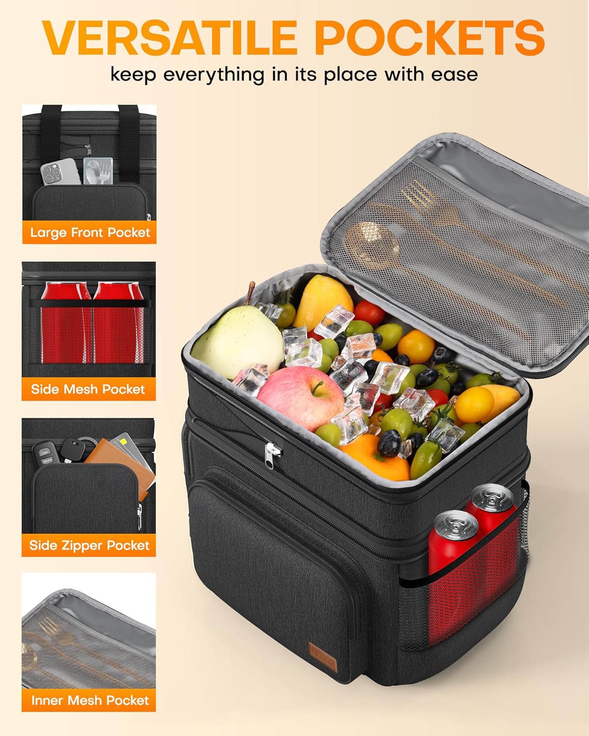 HOTOR Lunch Box for Men and Women - Leak-Proof Insulated Lunch Cooler Bag with Adjustable Strap, Multiple Pockets for Office, Picnic, Hiking, Beach, 2 Layer, 17L, Black, 12.2" x 7.9" x 10.6"