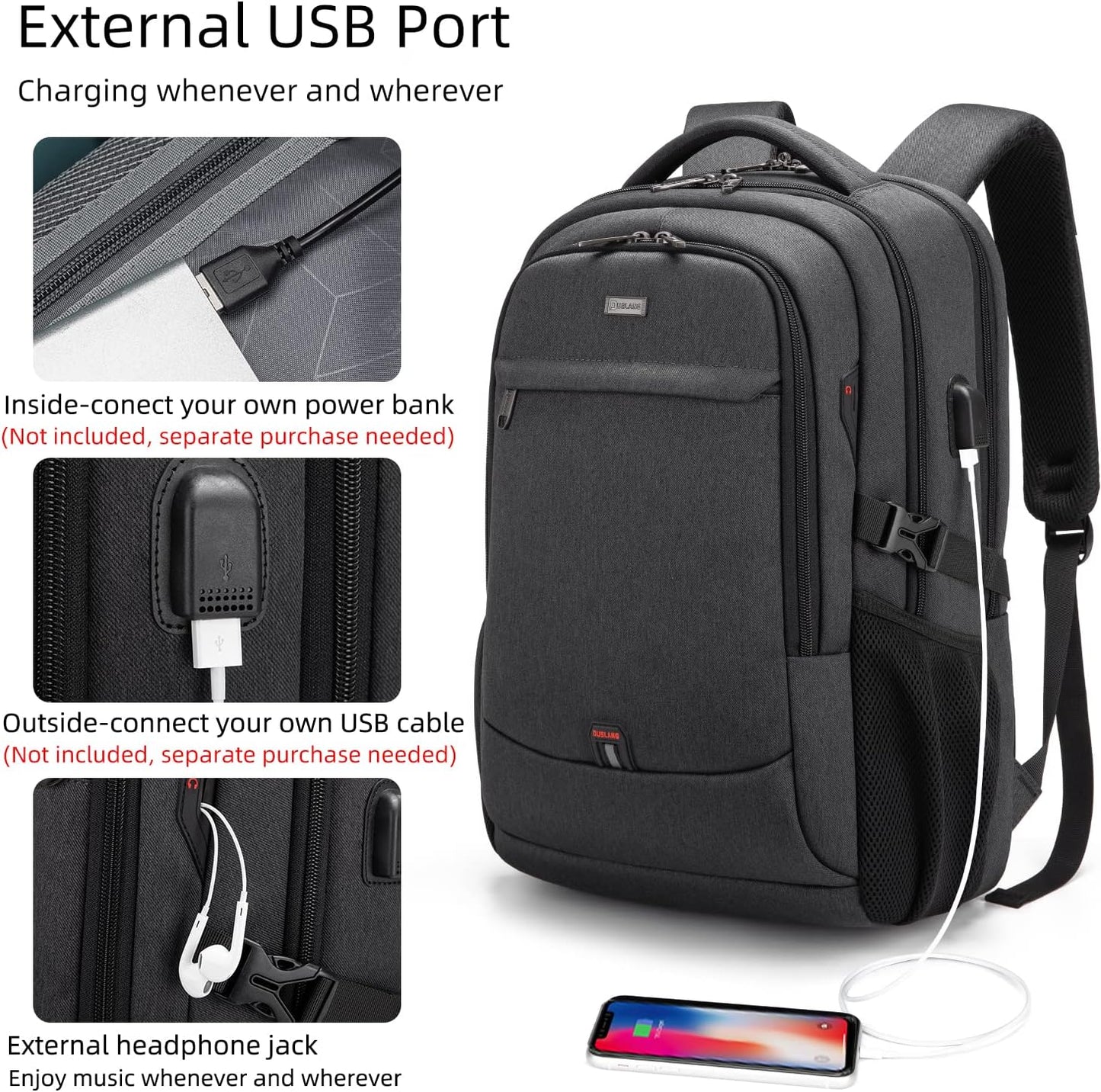 DUSLANG 17 Inch Laptop Backpack for Travel Water Resistant College Backpack for Men/Women Laptop Bag with USB Charging Port and TSA lock,Black