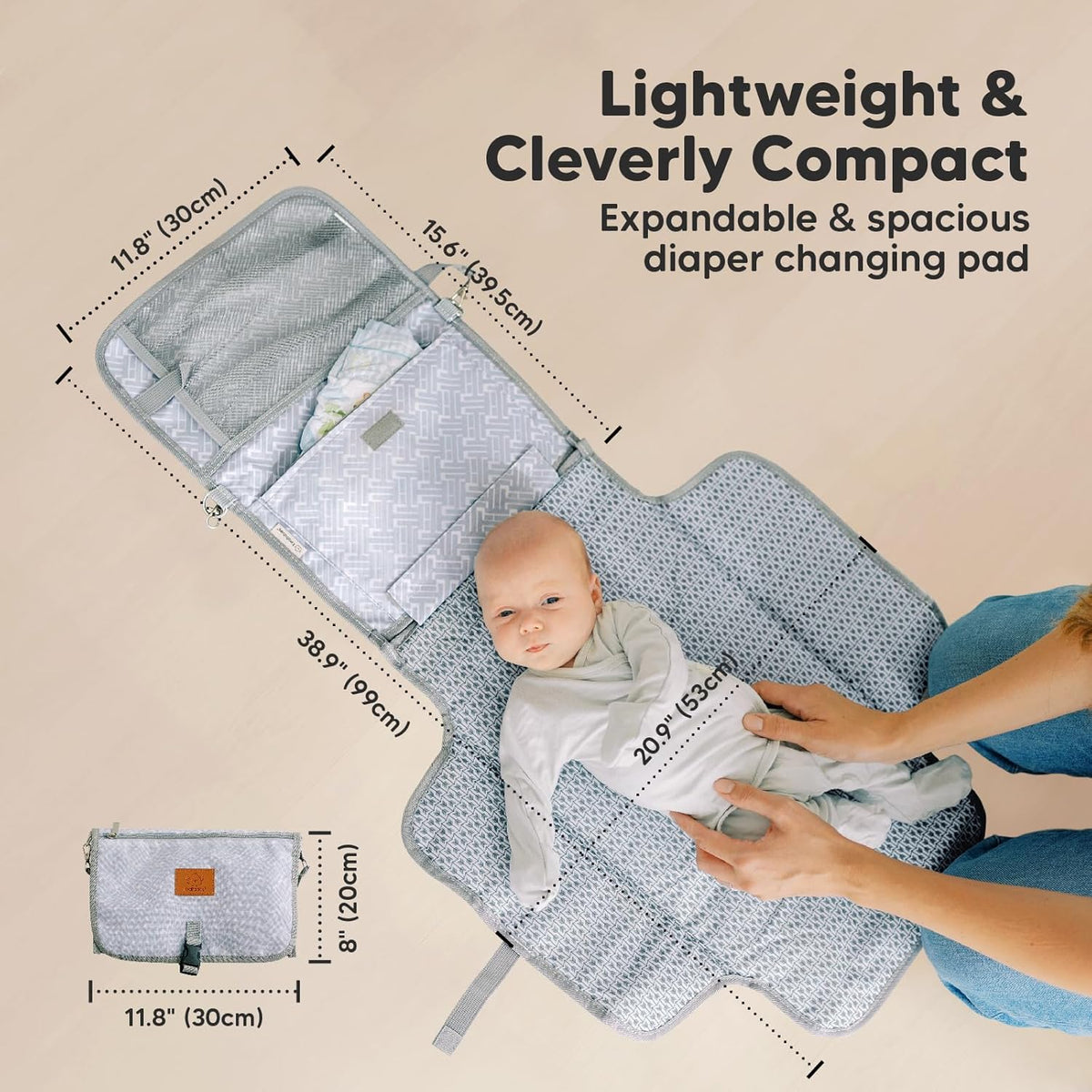 KeaBabies Portable Diaper Changing Pad - Large Waterproof Baby Changing Mat, Compact Travel Diaper Clutch, Functional Pockets Fit Newborn Essentials, Wipeable & Padded Baby Changer (Gray Mod)