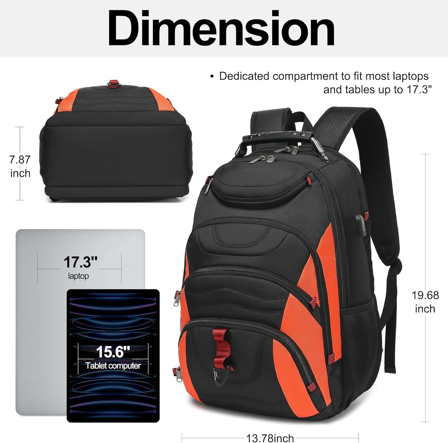Boavan Laptop Backpack for men, 17.3 inch Laptop Bag with USB Port, Waterproof Travel Work Backpack Purse, Anti-Theft Teacher Nurse Doctor Casual Bookbags Office Business backpack，Black&Orange