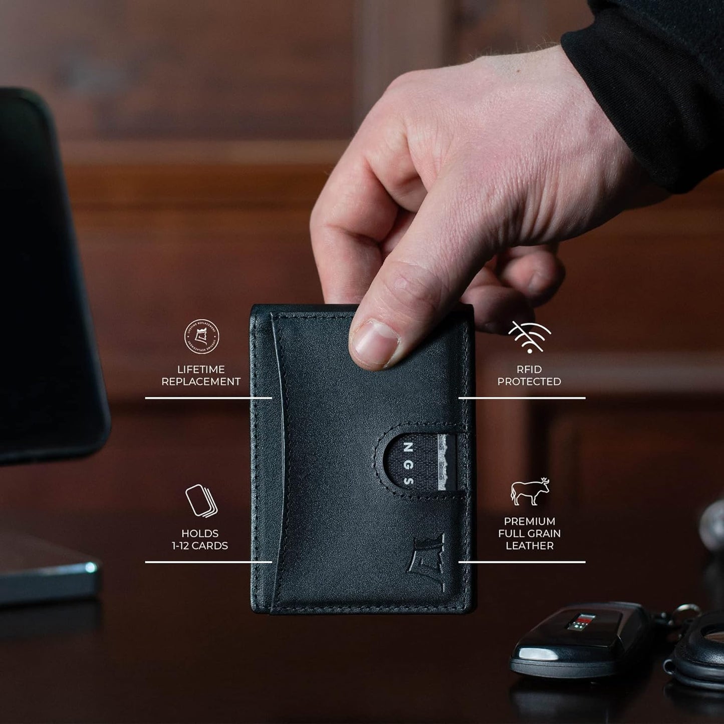 Kings Loot Money Clip Slim Minimalist Wallet for Men | RFID Blocking Leather Design with Money Clip | Front Pocket Bifold Holds 12 Cards | Stylish & Compact Wallets (Black)