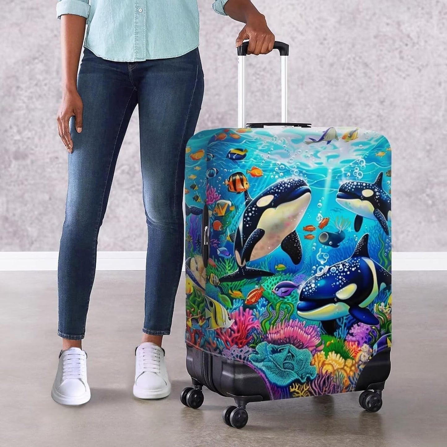 Killer Whale Luggage Cover Elastic Universal Luggage Covers for Suitcase Fit 18-21 Inch Zip Closure Suitcase Cover Protector for Travel Business Anti-Scratch Baggage Covers Case