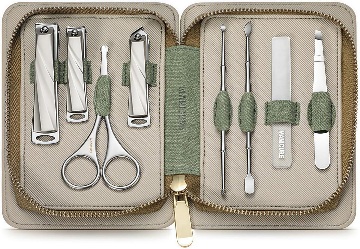 8-Piece Manicure Pedicure Set-Stainless Steel Nail Clippers Toenail Fingernail Cutters with Travel Case Complete Grooming Kit (Green)