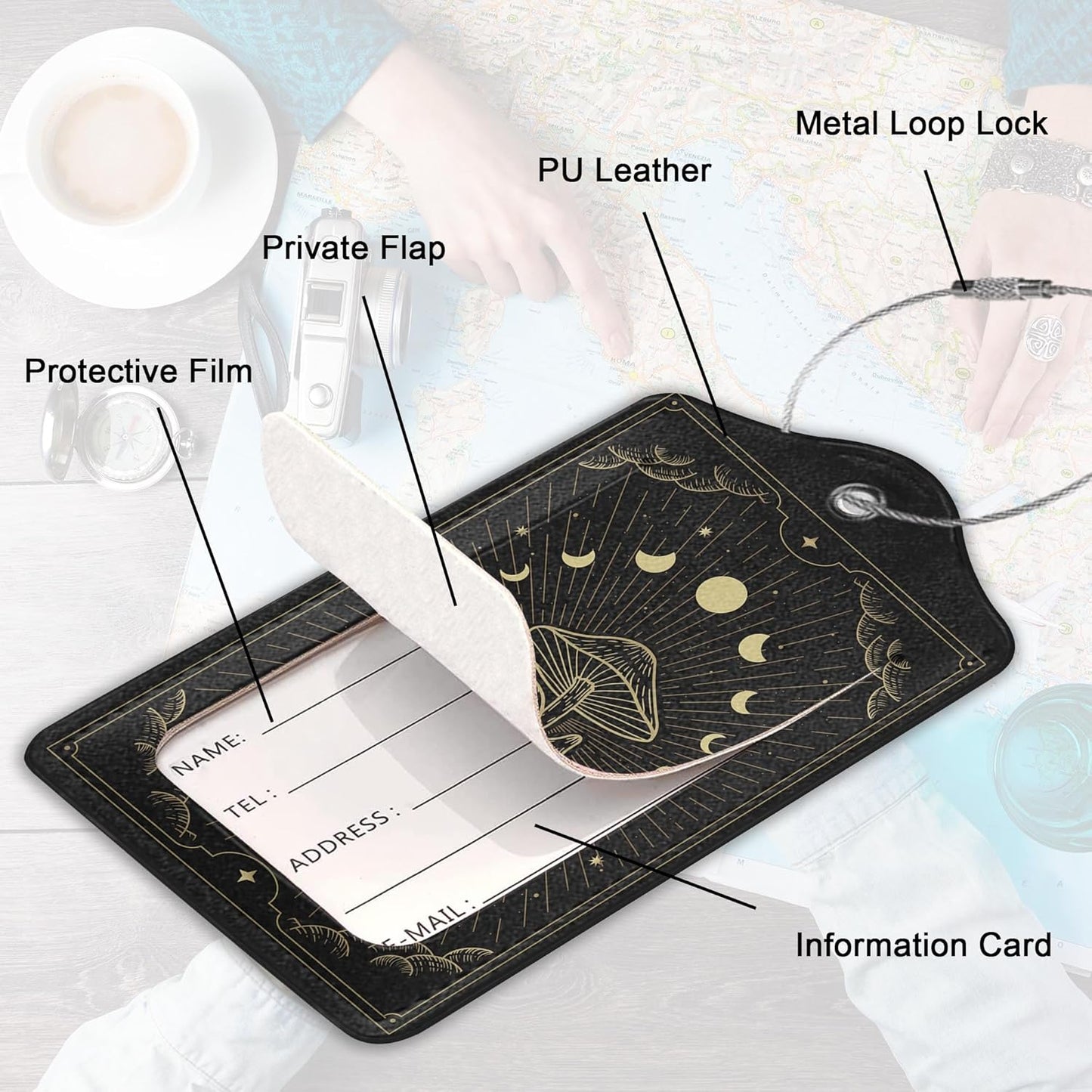 Zodiac Moon Phase Luggage Tag for Suitcase, Mushroom Luggage Tag with Privacy Flap & Name ID Label & Metal Loop, Travel Suitcase Tags for Women