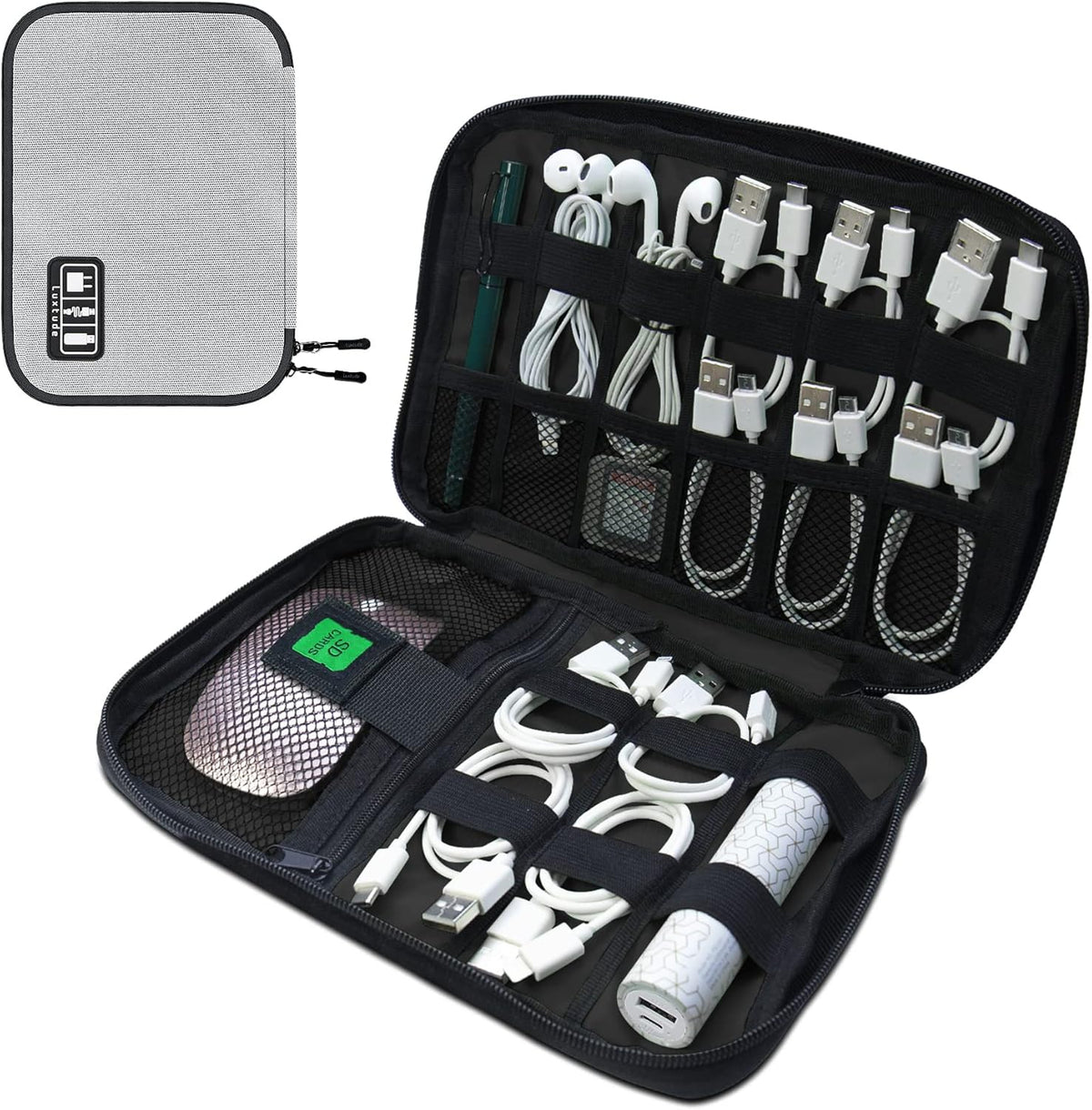 Luxtude Cord Organizer Travel, Flat Cable Organizer Bag, Portable Electronics Organizer, Travel Essentials for Wire/Cord Storage/Charger Case/Cable Storage/Tech Accessories Pouch, Silver Gray