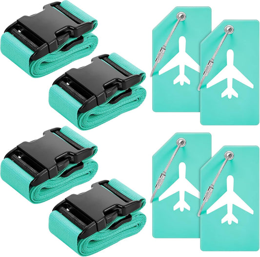 Weewooday 8 Pcs Luggage Straps Suitcase Tags Set for TSA Approved, 4 Travel Adjustable Suitcase Belt, 4 Silicone Luggage Tags with Name ID Card Travel Accessories(Turquoise,Airplane)