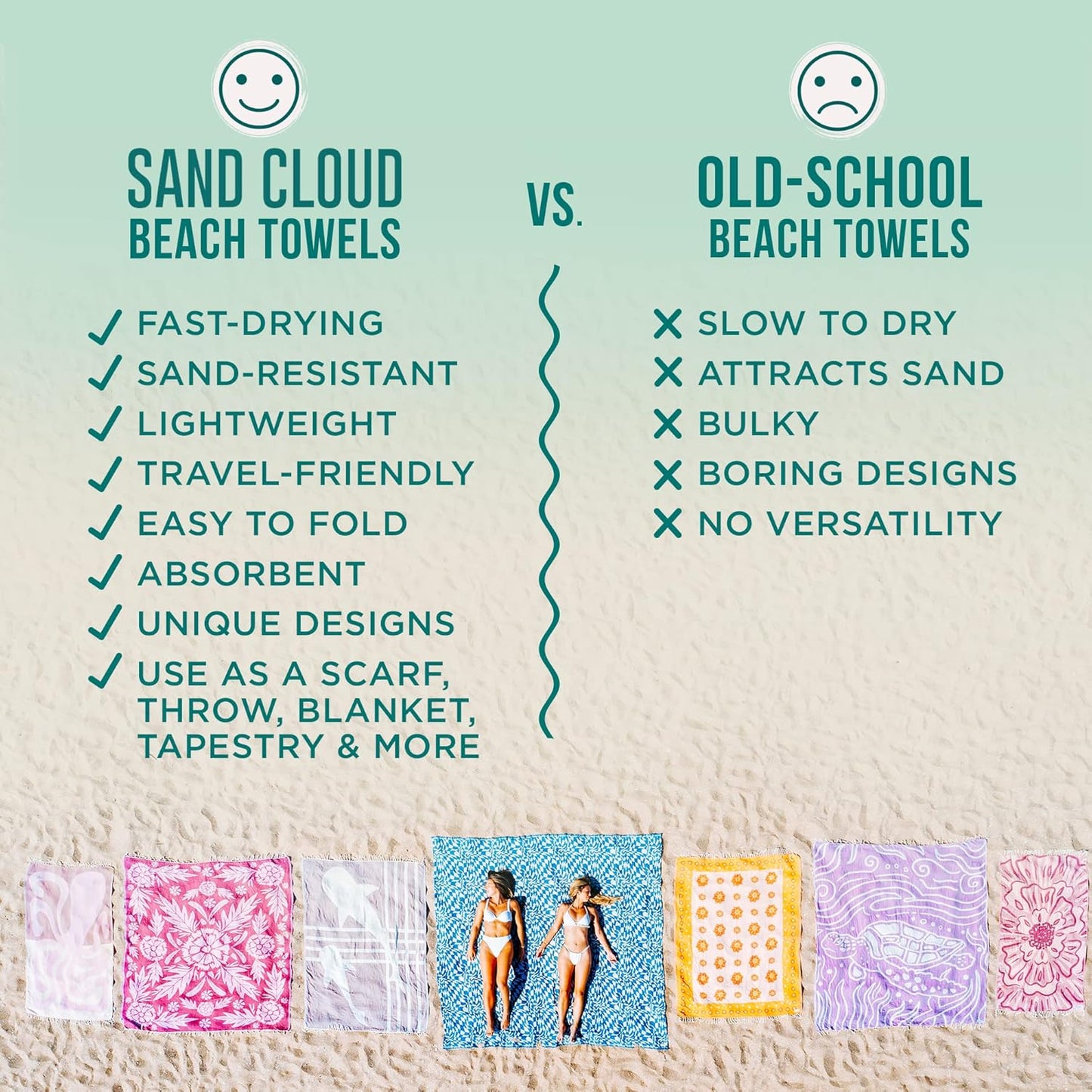 Sand Cloud Extra Large Turkish Beach Towel - Sand Free - 100% Organic Turkish Cotton Yarn - Quick Dry Towel for Beach, Picnic, Blanket or Bath - As Seen on Shark Tank - Marine Life (Whale Fin)