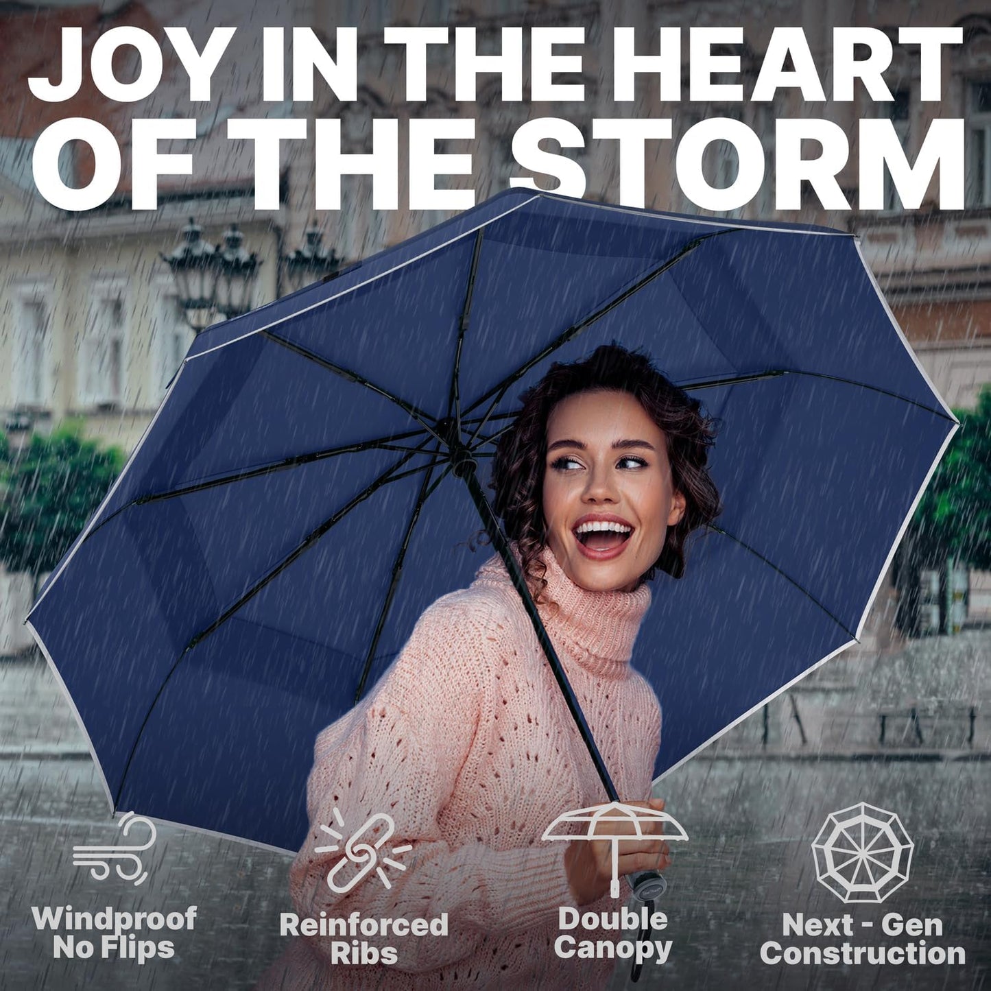 Royal Walk Windproof Folding Travel Umbrella Compact and Strong Luxurious Real Wood Handle Automatic Open Close Vented Double Canopy for Men and Women