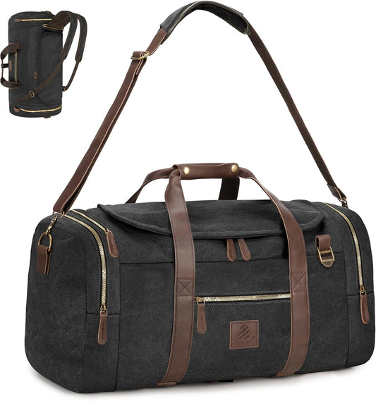 60L Travel Bags for Men, Nomad Canvas Duffle Bag Vintage Genuine Leather Travel Duffel Bag Multifunctional Weekender Overnight Backpack with Shoes Compartment (Black, X Large-60L)