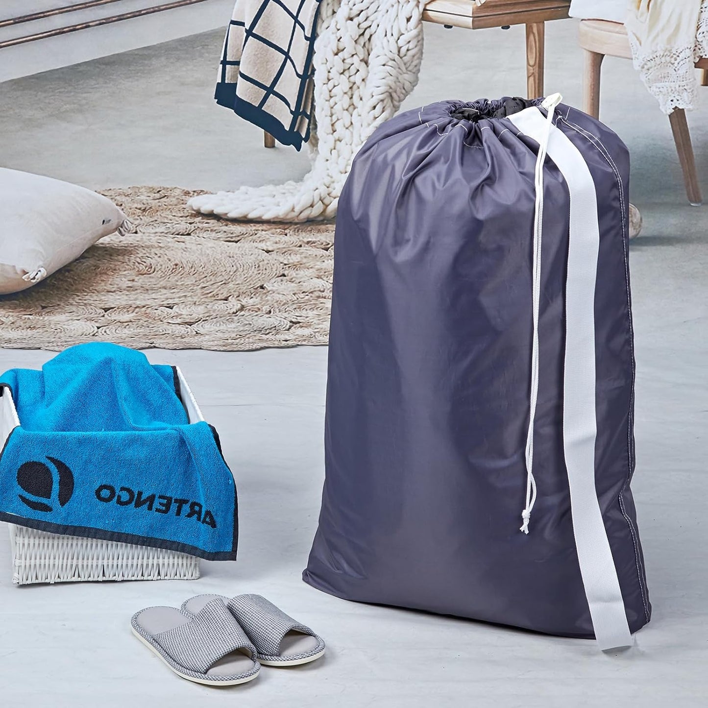 HOMEST 2 Pack XL Nylon Laundry Bag with Strap Machine Washable Large Dirty Clothes Organizer Easy Fit a Laundry Hamper or Basket Can Carry Up to 4 Loads of Laundry Grey