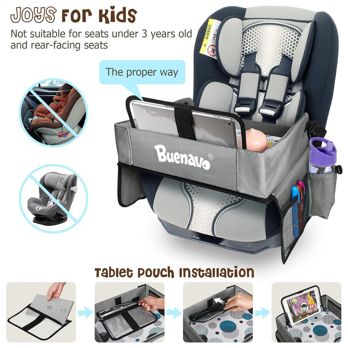 [New Version] Car Seat Organizer Kids Travel Tray for Kids Toddlers Activities in Car Seat, Stroller, Airplane | Touch Screen iPad Holder | Waterproof Dry Erase Top | Side Pocket & Water Bottle Holder