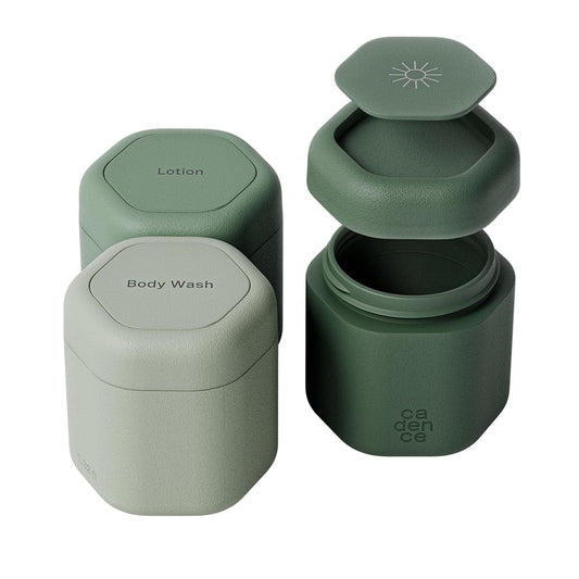 Cadence Travel Containers - Body Care Capsule Set - Magnetic Containers with Lids,Carry On Travel Essentials for Women/Men - 3 Flex Mediums (1.32oz) - Body Wash, Lotion & Sun Icon Labels - Evergreen