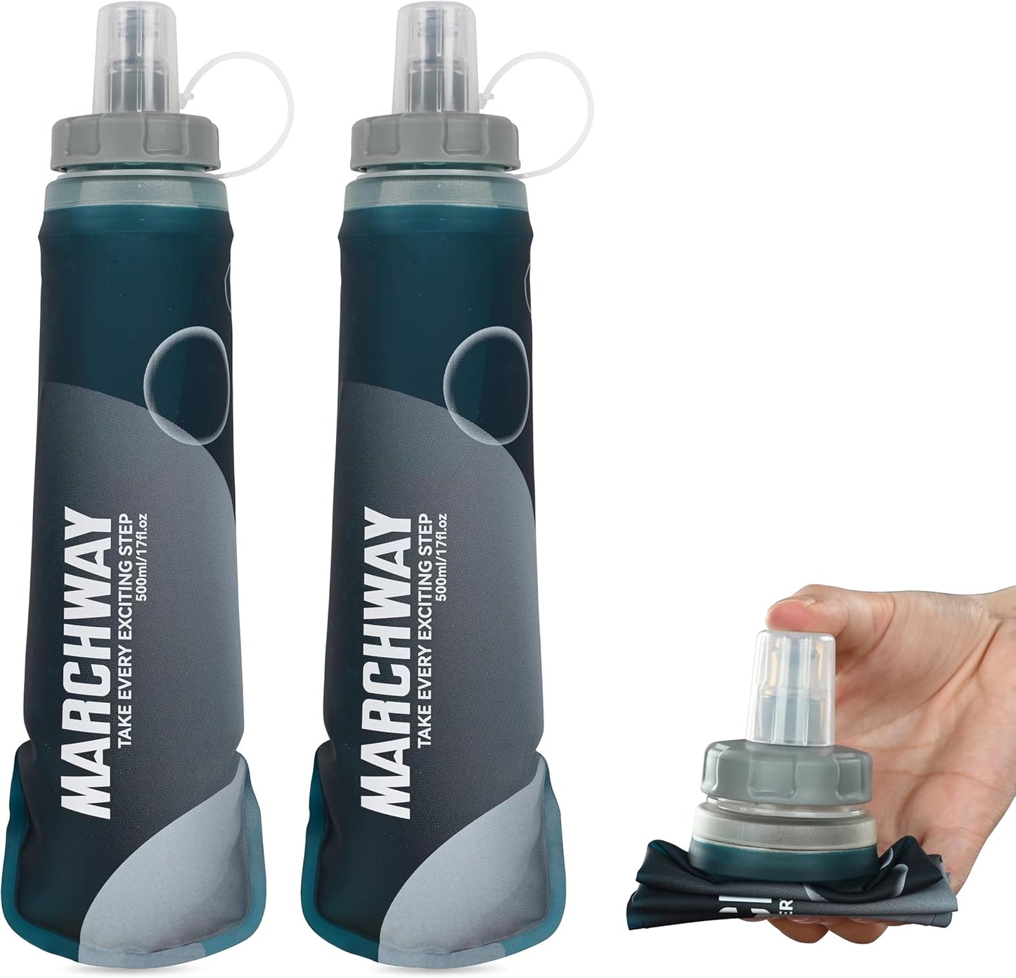 MARCHWAY Soft Hydration Flask with Wide Mouth, 300ml/500ml Collapsible TPU Water Bottle, Leakproof Portable Flexible for Running, Hiking, Cycling, Climbing, Gym, Travel (2pcs Blackish Green 500ml)