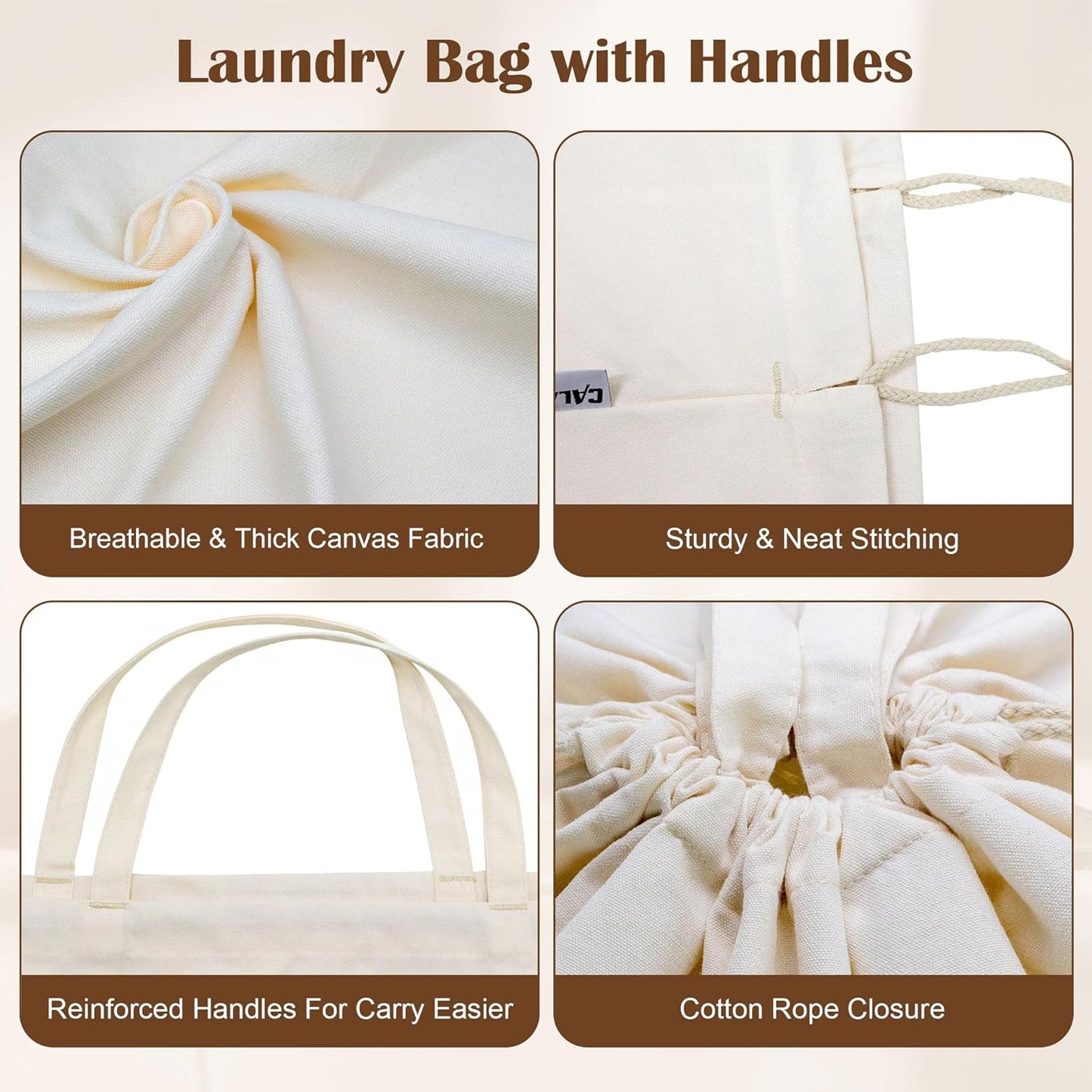 Canvas Laundry Bag with Handles & Drawstring 23.6"x35", Dirty Clothes Travel Bag, Heavy Duty Washable Cotton Laundry Sack for Travel, Camp, College (2 Pack)