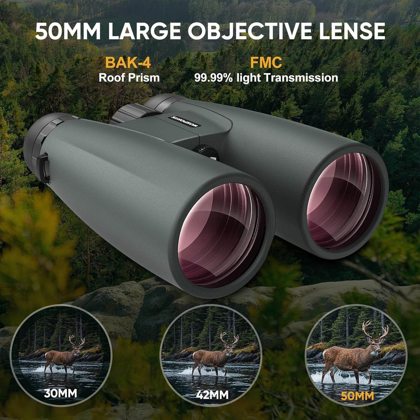 WOSPORTS 15x50 Binoculars for Adults High Powered - 21.5mm Large Eyepiece Binoculars for Bird Watching, Cruise Ship, Hunting, Travel