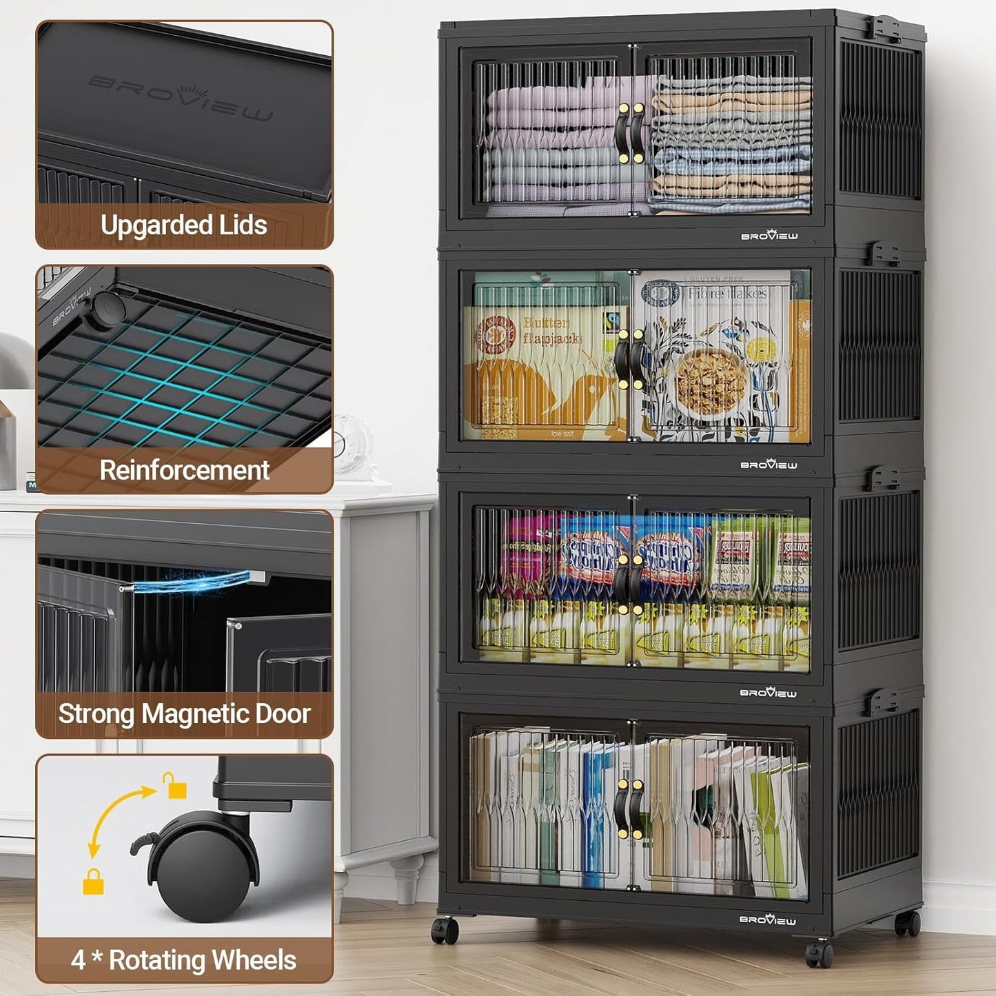 BROVIEW 600Qt Stackable Storage Bins with 5 Lids, Extra Large Closet Organizer Collapsible Drawer Boxes with Wheels, Folding Plastic Cabinet Containers for Home Kitchen Room Organization, 5Pack Black