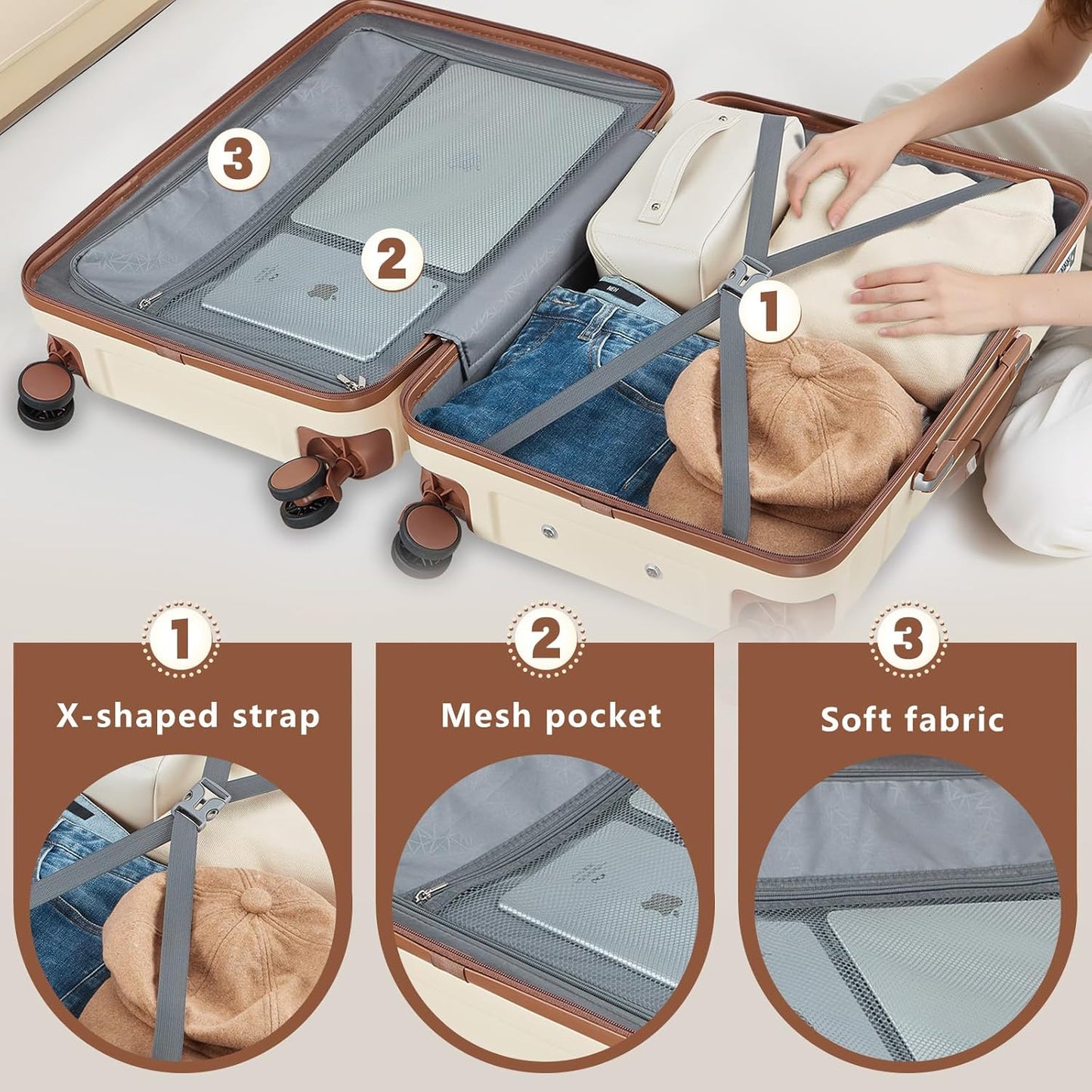 Luggage Sets, Suitcase with Spinner Wheels, PC+ABS Hardshell Travel Luggage Set with TSA Locks,Lightweight Rolling Luggage，Carry on suitcase with YKK Zippers(Beige, 6 piece set(14/20/24/28/DB/TB))