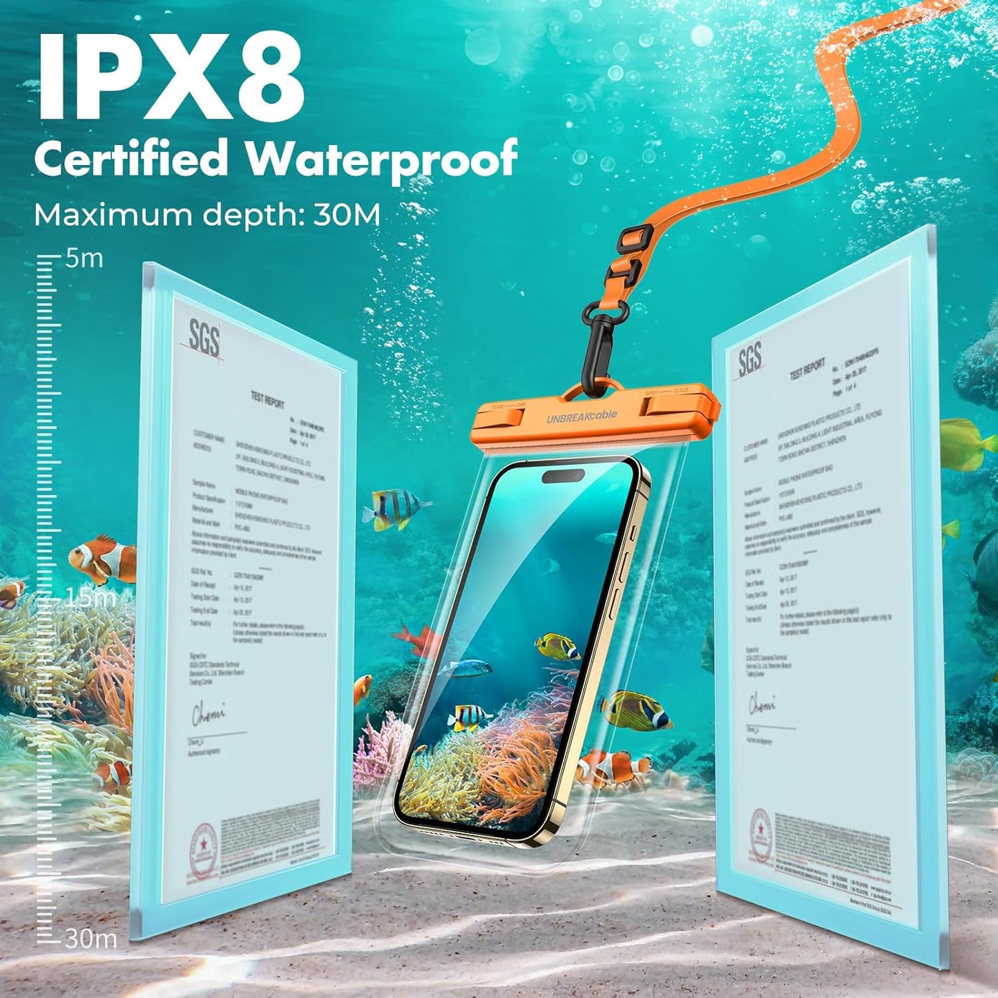 UNBREAKcable Waterproof Phone Pouch-2 Pack IPX8 Waterproof Phone Case for iPhone 16 15 14 13 12 Pro Max & Samsung S25 S24-Dry Bag & Travel Essentials for Beach, Pool, Kayak & Cruise-7" Orange + Purple