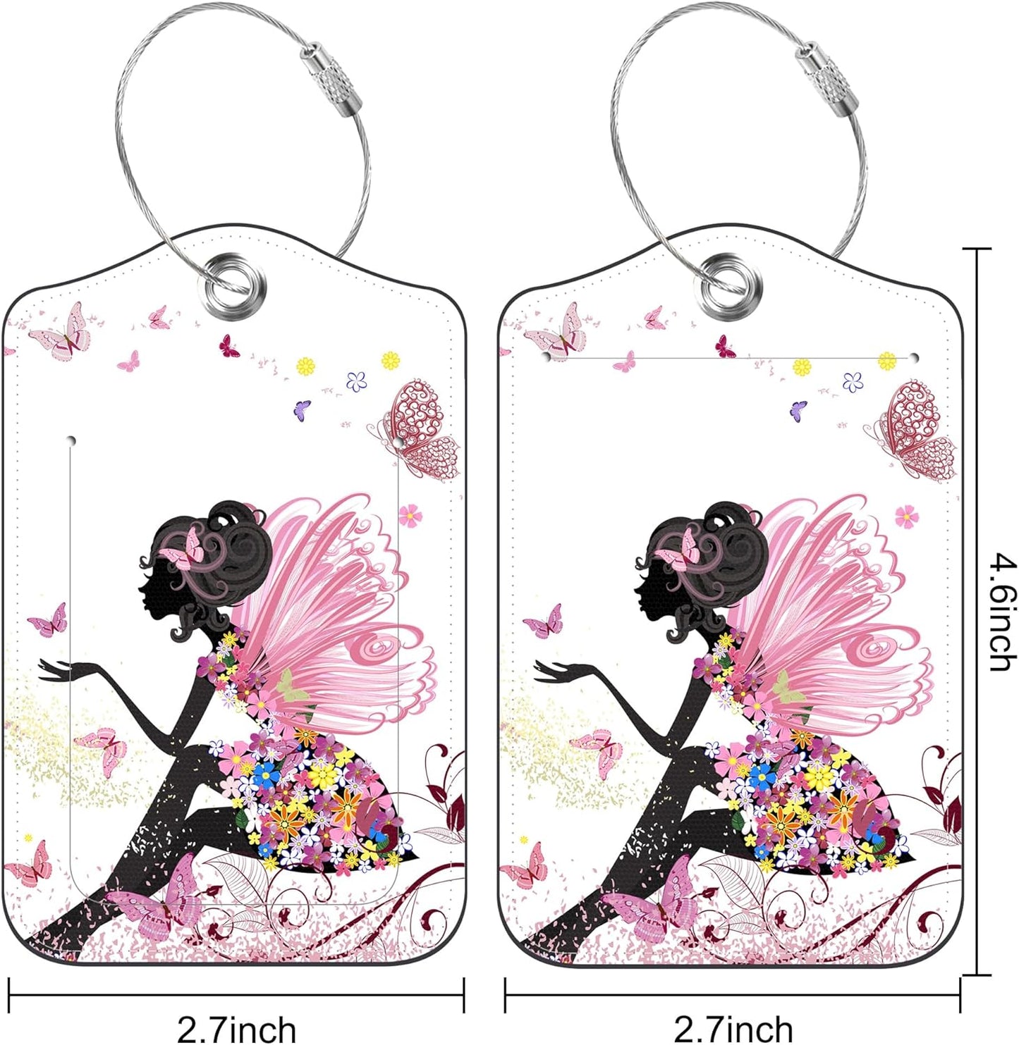 Set of 2 Luggage Tags for Suitcase Flower Fairy and Butterflies Leather Baggage Tags Set with Stainless Steel Loop Name Address Labels Privacy Cover for Men Women Travel Bag Suitcase