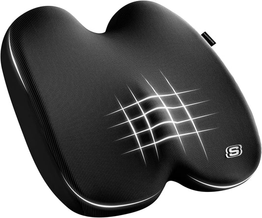 Skechers Memory Foam Seat Cushion,Ribbed Fabric Office Chair Cushion for Tailbone Pain Relief,Butt Pillow for Office Chair,Car Seat Cushion,Long Sitting Office Workers,and Car Drivers,Black