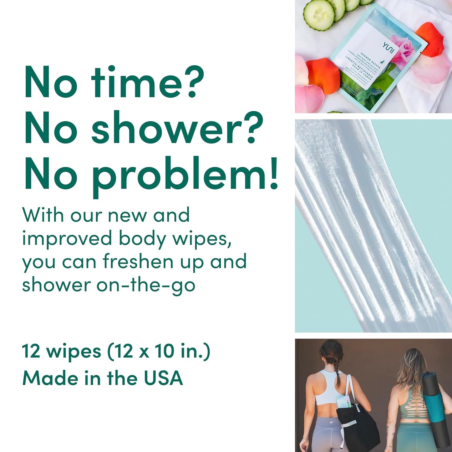 YUNI Beauty Large Body Wipes (Rose Cucumber, 12 Count) Soft Moist Showerless Wipe, Cleanse & Deodorize Waterless Travel Body Cleanser, Biodegradable Individually Wrapped Body Wipe for Camping or Gym