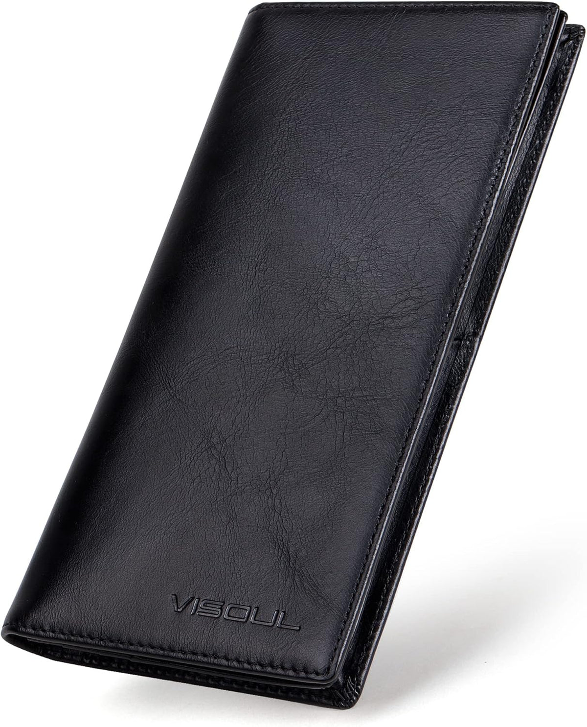 VISOUL Mens Leather Long Checkbook Bifold Wallets with RFID Blocking, Breast Pocket Tall Billfold Secretary Wallet for Men with Card Slots (Black)
