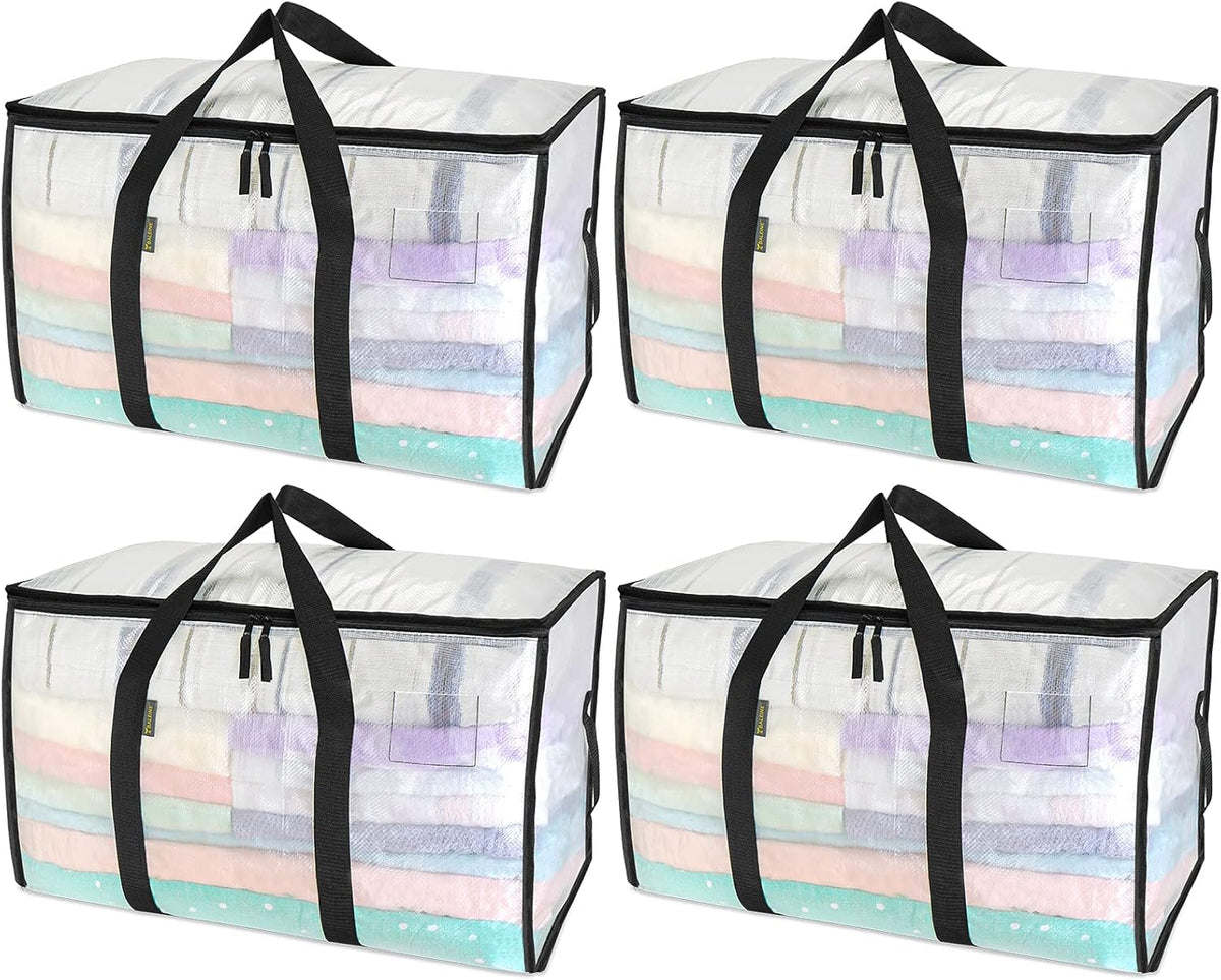 BALEINE 4-Pack Oversized Moving Bags with Reinforced Handles, Heavy-Duty Storage Tote for Clothes, Moving Supplies (Clear, 4-Pack)