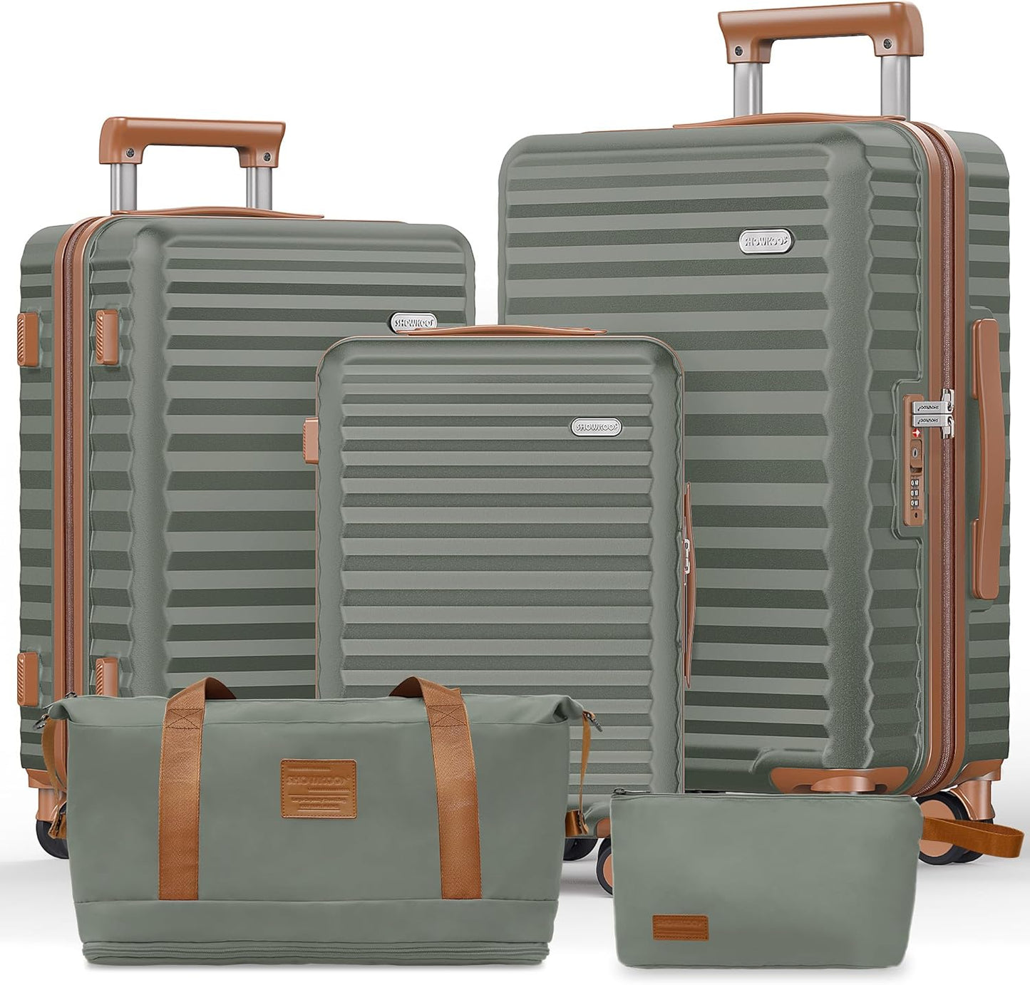 SHOWKOO Luggage Sets 3 Piece Hardside Expandable Suitcase with Double Spinner Wheels Tsa Lock, (Green, 5 piece set)