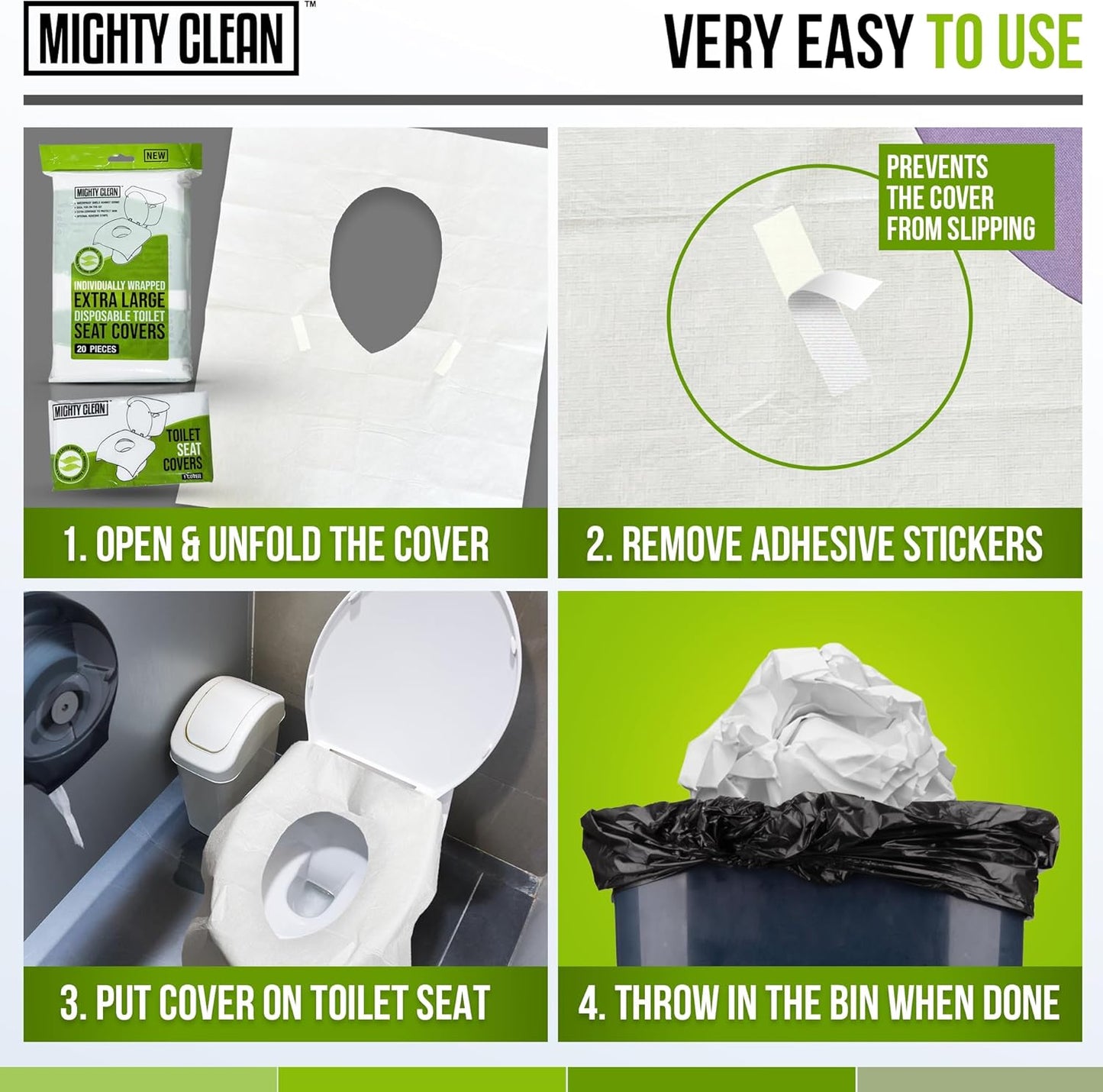 XL Disposable Toilet Seat Covers by Mighty Clean｜100% Waterproof ｜Individually Wrapped, Extra Wide Covers for Adults and Kids｜40 Count
