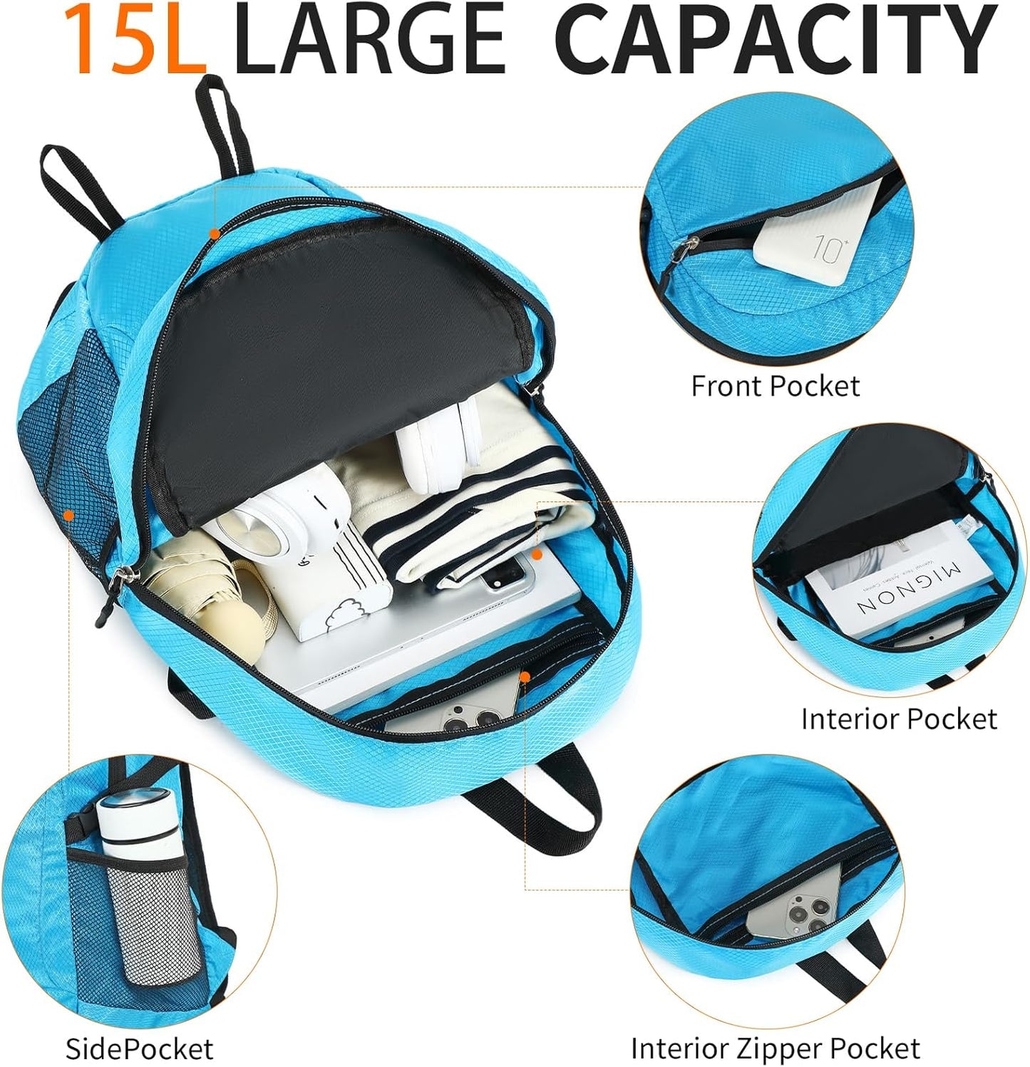 Small Hiking Daypack,15L Waterproof Hiking Backpack Packable Lightweight Travel Day Pack for Women Men (Blue, Small)
