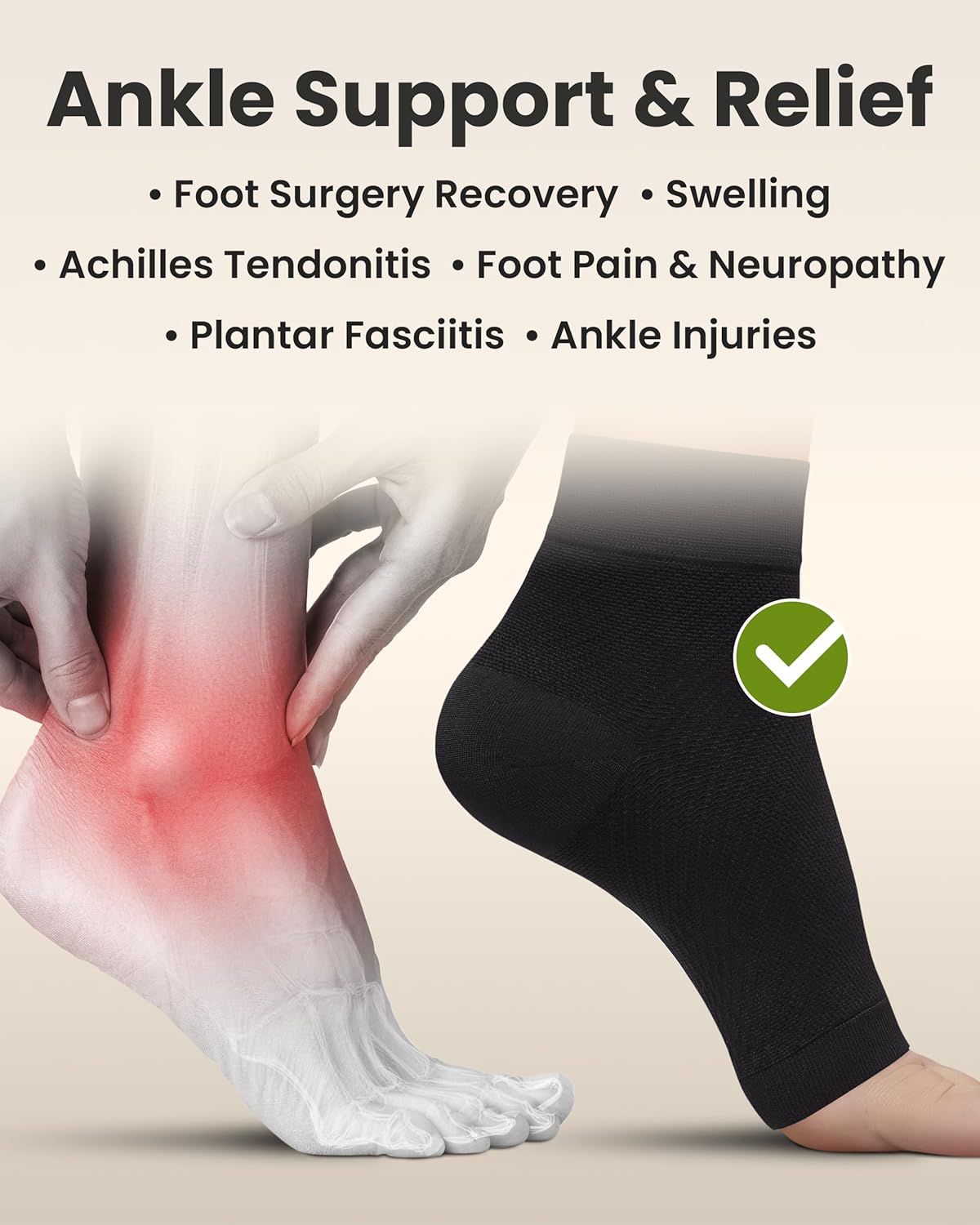KEMFORD Ankle Compression Sleeve - Plantar Fasciitis Braces - Open Toe Compression Socks for Swelling, Sprain, Neuropathy, Foot Arch Support for Men and Women - 20-30mmhg, M, Black