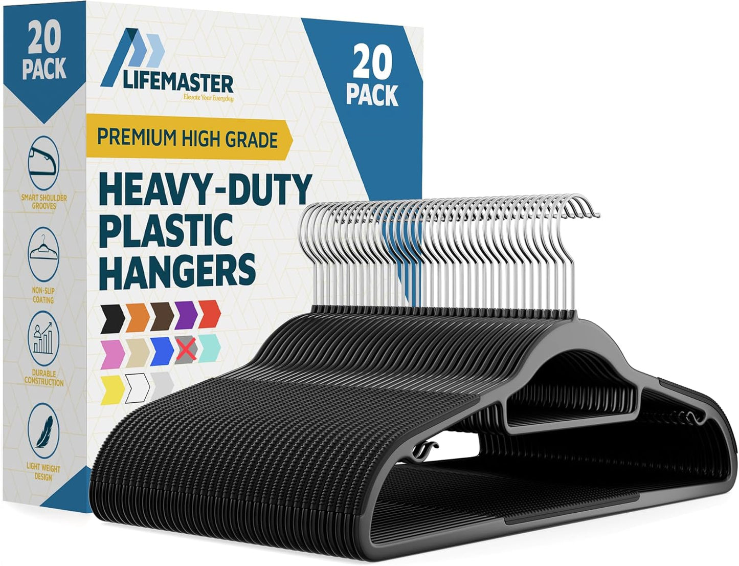 Lifemaster Versatile Clothes Hanger Set - 20 Pieces Space-Saving Dry and Wet Clothes Hanger Set with 360° Swivel Hook and Non-Slip Rubber Design - Black