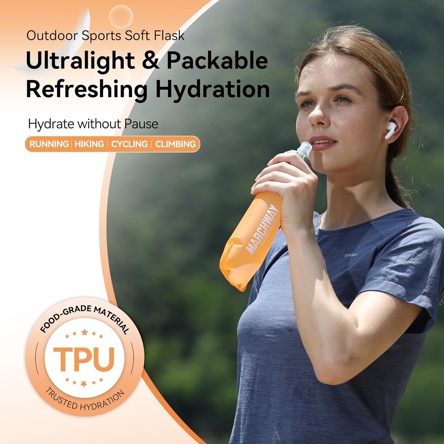 MARCHWAY Soft Hydration Flask with Wide Mouth, 300ml/500ml Collapsible TPU Water Bottle, Leakproof Portable Flexible for Running, Hiking, Cycling, Climbing, Gym, Travel (2pcs Orange 500ml)