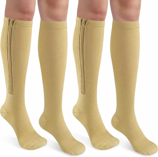 CASMON 2 Pairs Zipper Compression Socks for Women & Men, 15-20 mmHg Closed Toe Knee High Support Sock with Zipper for Varicose Vein Edema
