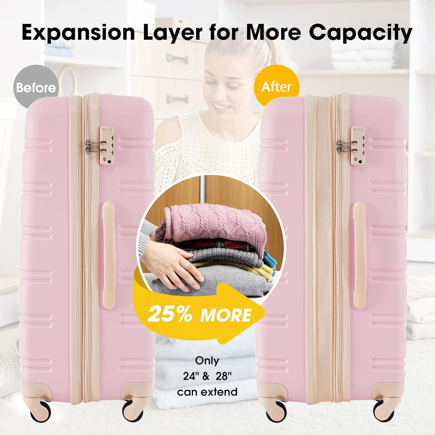 Merax Luggage sets of 13 Piece 16 20 24 28 IN Carry on Luggage sets 4 piece Hardcase Light Pink Luggage Expandable Suitcase Set with Wheels