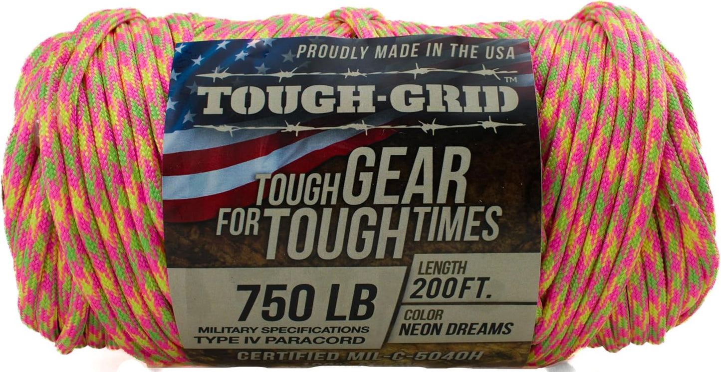 TOUGH-GRID 750 Paracord Rope Nylon Parachute Cord, Made in USA Survival Kit, Outdoor Adventures, Camping, Tactical Gear & Emergency Supplies, Military Type IV Mil-Spec