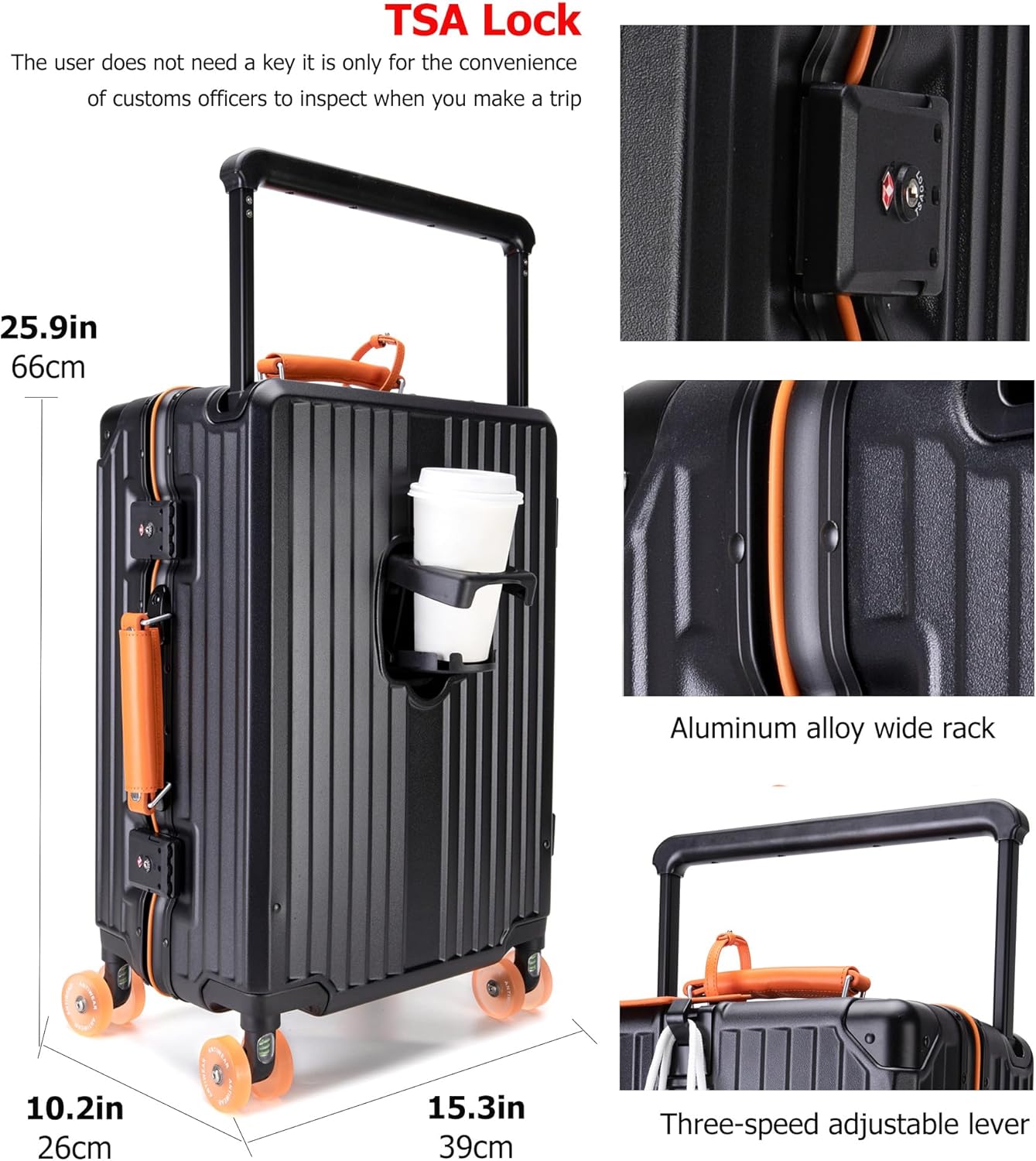 feilario 24in Aluminum Frame Wide Handle Hard Shell Carry On Suitcase - Vivid Colors Double Spinner Wheels Airline Approved Rolling Luggage with TSA Lock & Cup Holder (Silver, 24in)