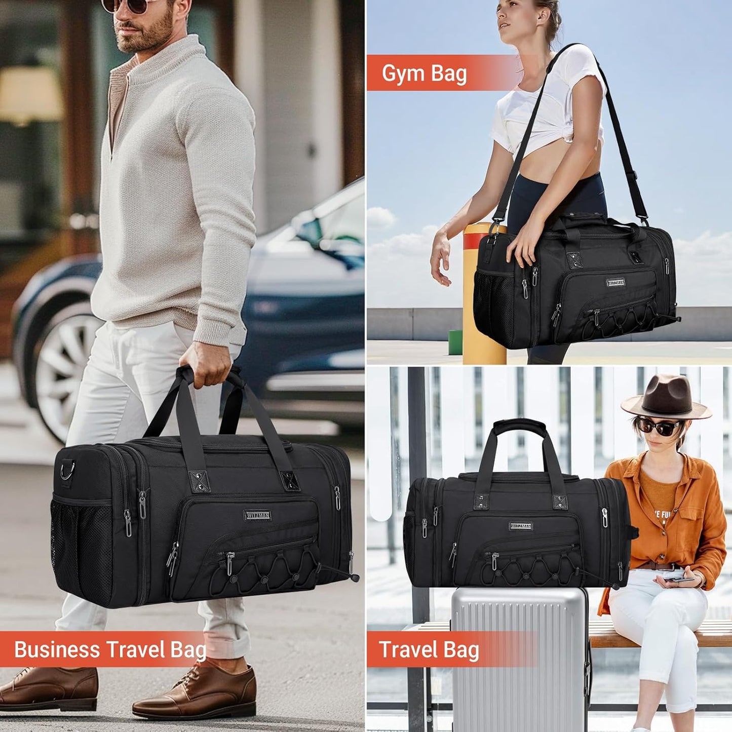 WITZMAN Duffle Bag for Men Nylon Large Gym Weekender Bag with Shoe Compartment Expandable Carry on Overnight Bag(B695 Black)