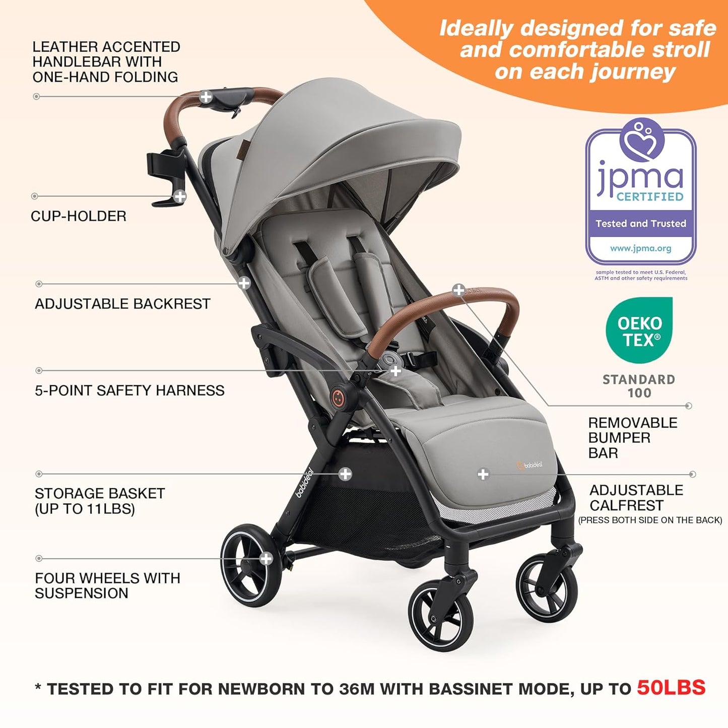 Travel Stroller, Overhead-Friendly Compact Baby Stroller(Newborn to 50lbs), Self-Folding Toddler Pushchair for Travel, Full-Reclining Seat, Cup Holder Included