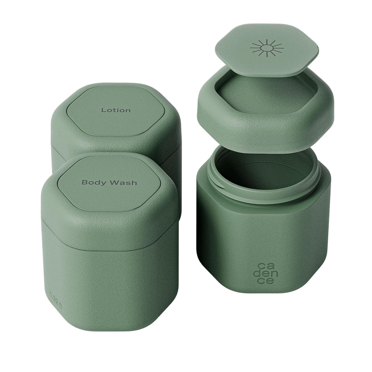Cadence Travel Containers - Body Care Capsule Set - Magnetic Containers with Lids,Carry On Travel Essentials for Women/Men - 3 Flex Mediums (1.32oz) - Body Wash, Lotion & Sun Icon Labels - Eucalyptus