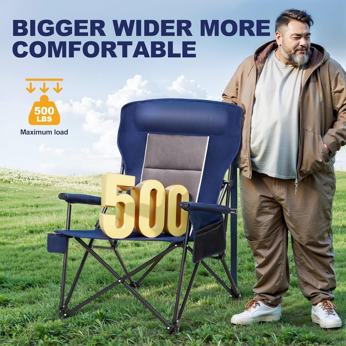 LET'S CAMP Oversized Camping Chairs 29.52" High Back Heavy Duty Lawn Chair Support 500LBS, Portable Collapsible Chair with Cup Holder, Side Pocket(Blue)