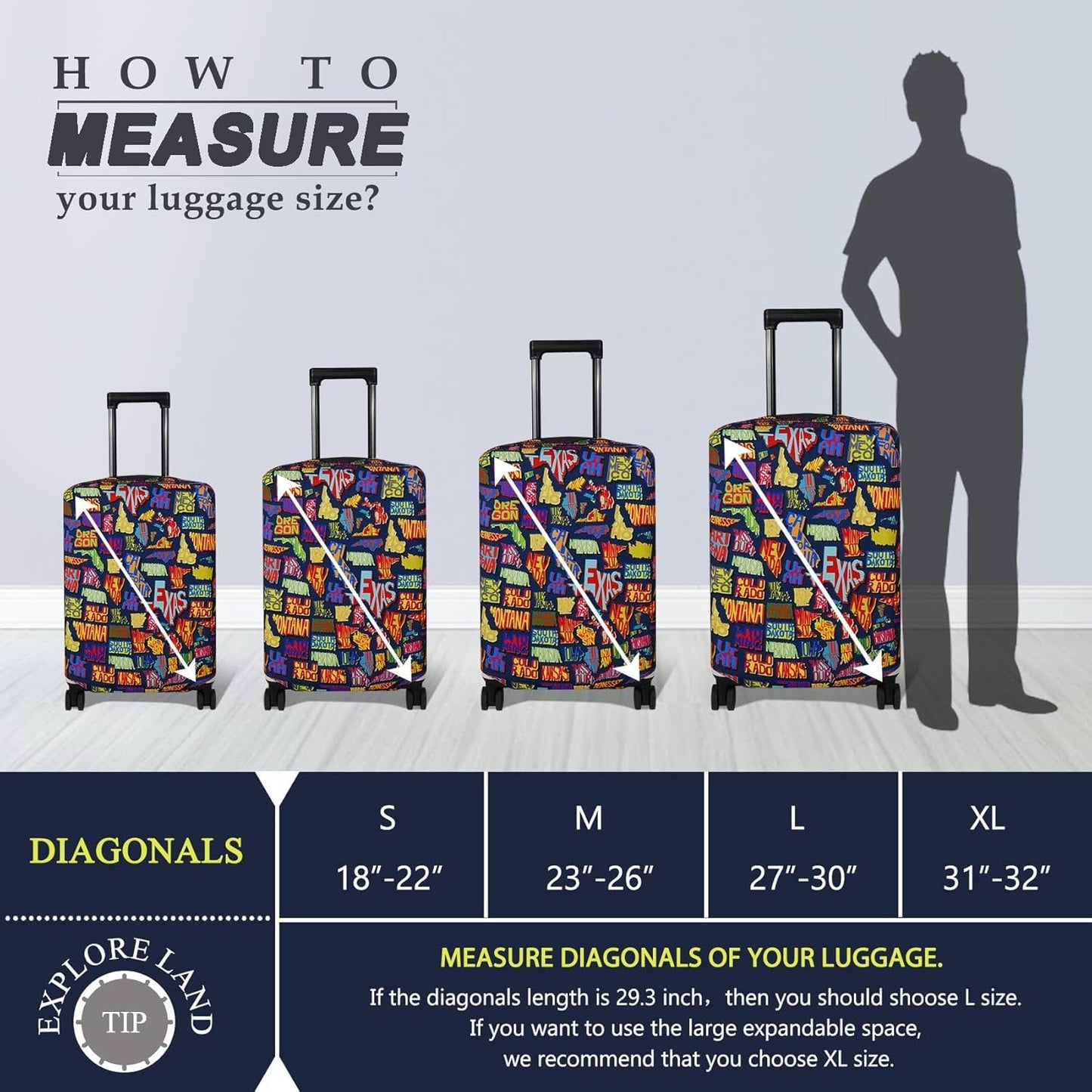 Explore Land Travel Luggage Cover Suitcase Protector Fits 31-32 Inch Case (America Map, XL)