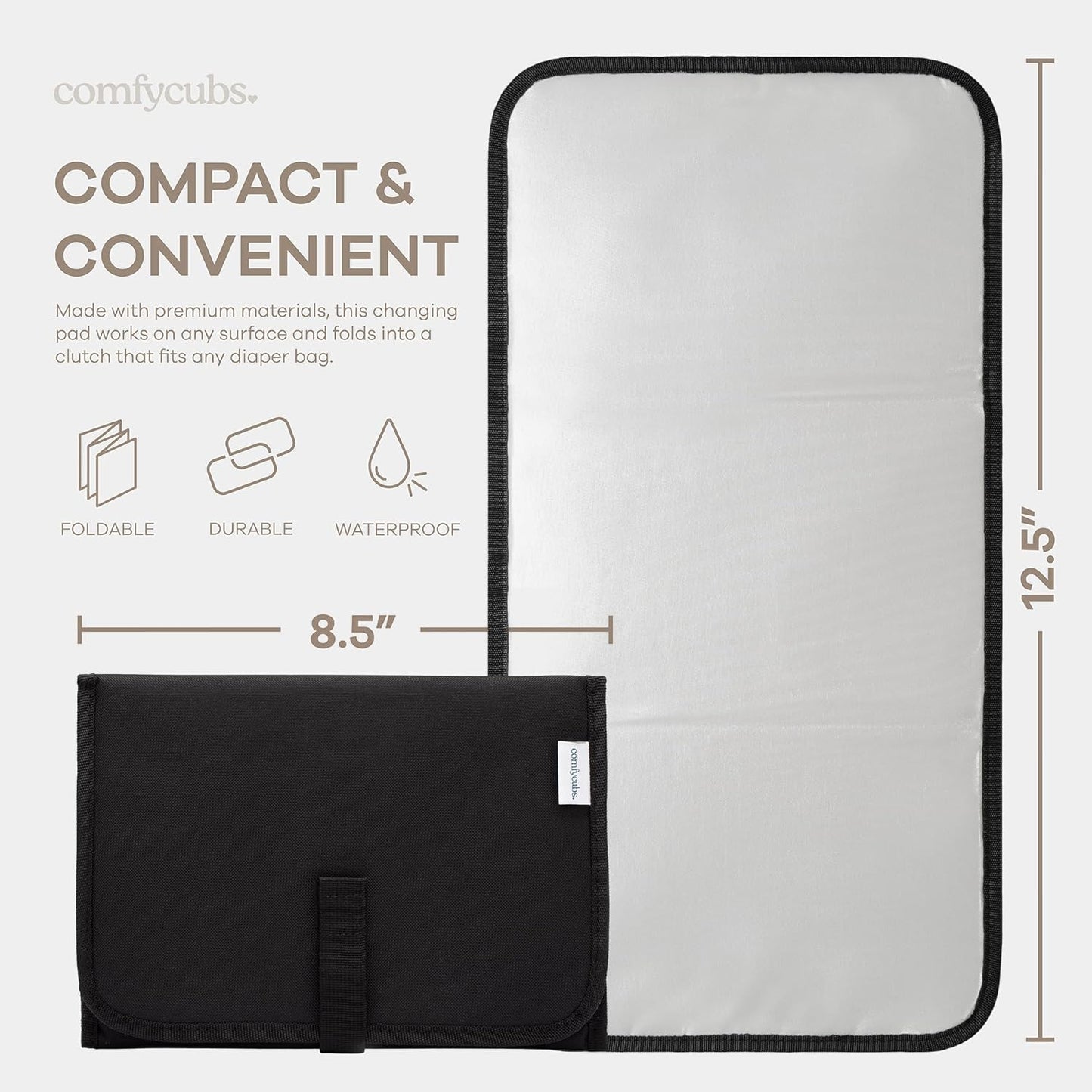 Comfy Cubs Baby Changing Pad Compact Size - Waterproof Diaper Changing Mat with Cushioned Pillow - Soft & Lightweight, Foldable Design for Travel - Stylish Design for Boys and Girls - Solid Black