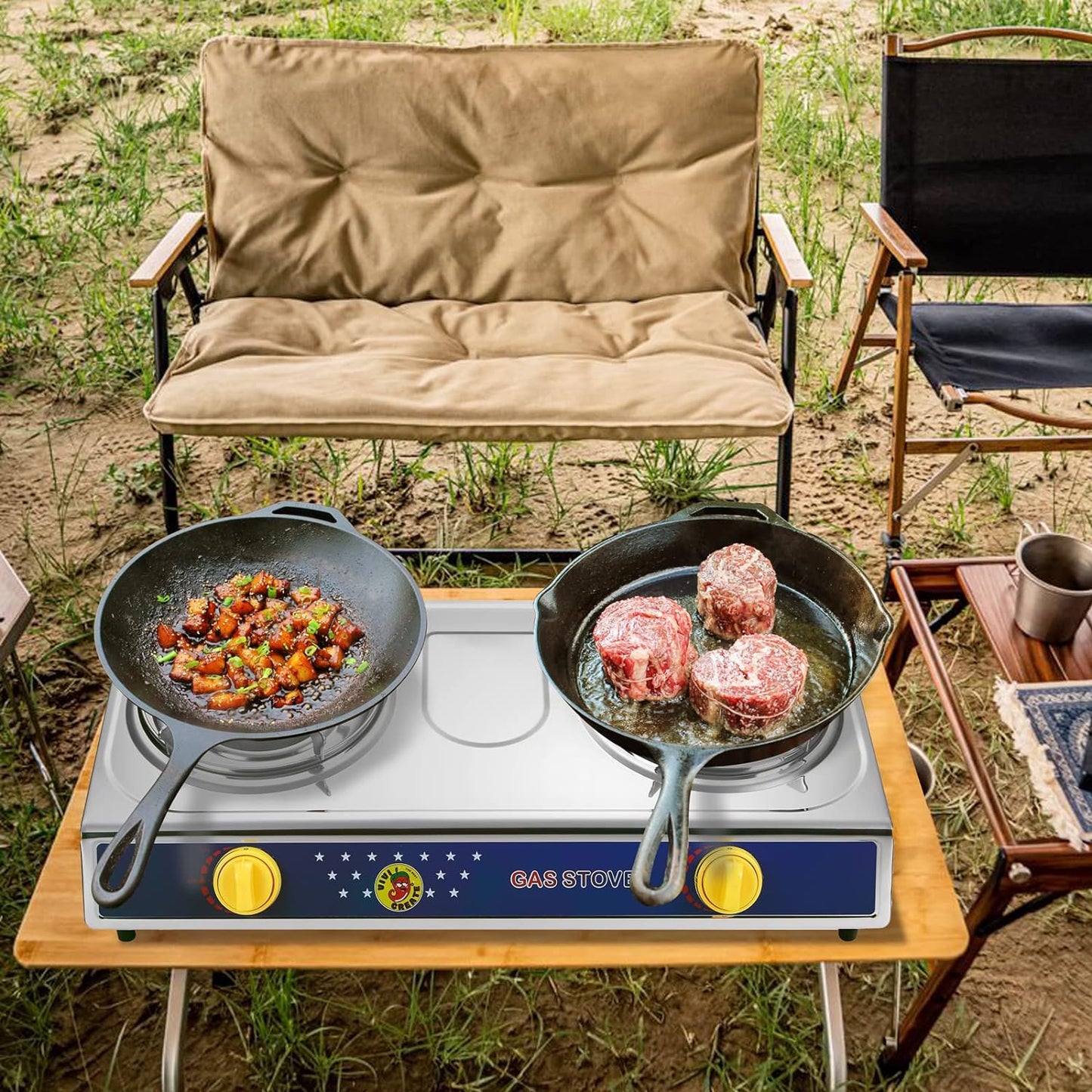 Vivicreate 2 Burner Propane Gas Stove Outdoor Cooking Portable Double Burner Propane Cooktop Burners for Camping BBQ Patio Frying Fogon Estufa Portatil Parrillas de Gas